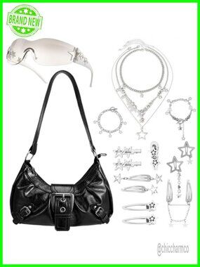 Y2K Faux Leather Hobo Shoulder Bag Buckle Goth Punk Handbag